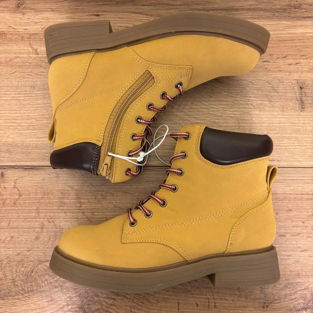 STEVE MADDEN JJumble Combat Boots Tan Kids Size 4 Side Zip Lace‎ Up Low Heel
